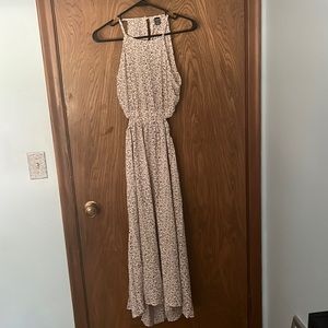 long dress with open back mostly white with purple flowers size small (4)